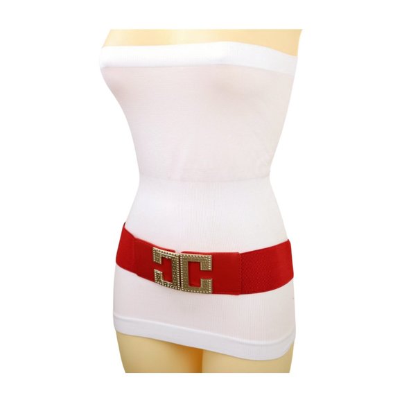 Women Red Elastic Hip High Waist Fashion Belt Big Gold Metal C Buckle Size S M - Picture 13 of 17